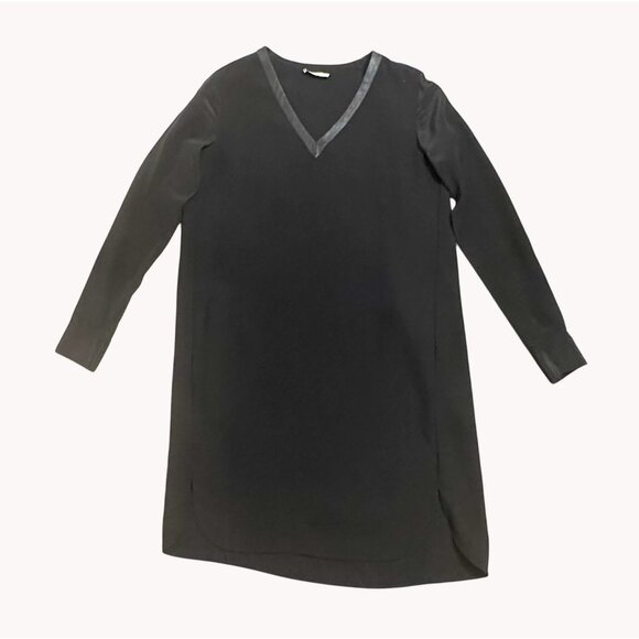 VINCE. Black Mixed Media Long Sleeve Dress w/Pockets Size 4 Tunic Leather Silk‎ - Picture 13 of 15